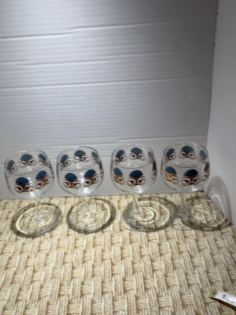 Vintage Georges Briard 22K Gold Blue Fan Wine Goblets Set of 4 MCM 6.5”